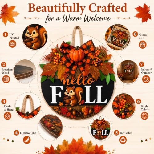 Fall Wreaths for Front Door Hello Fall Squirrel Door Hanger Thanksgiving Decor (Cute Hello Fall)