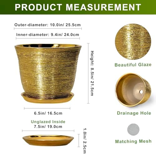 Ceramic Planter - 10 Inch Plant Pot with Drainage Hole and Saucer, Round Flower Pots for Indoor Outdoor, Large Modern Decorative Planter, Garden Room Home Decor, Gifts for Plant Lover, Gold