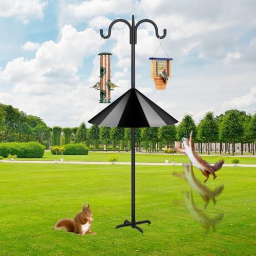 FEED GARDEN Heavy Duty Shepherds Hook Squirrel-Proof Bird Feeder Pole 108" Double Hooks 5-Prong Base & 19" Baffle for Outdoor Feeders & Plants