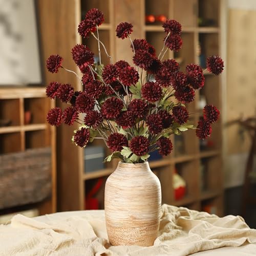 DuHouse 9pcs Faux Silk Pompon Mum Small Chrysanthemum Ball Burgundy