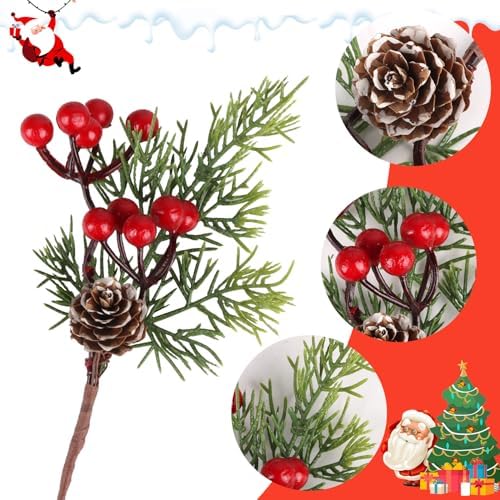 LOMIMOS 20pcs Artificial Christmas Red Berry Picks Pine Cones,Fake Holly Stems with Pinecones Needless Branches for Xmas Tree Decoration Crafts Wreath Garland Décor