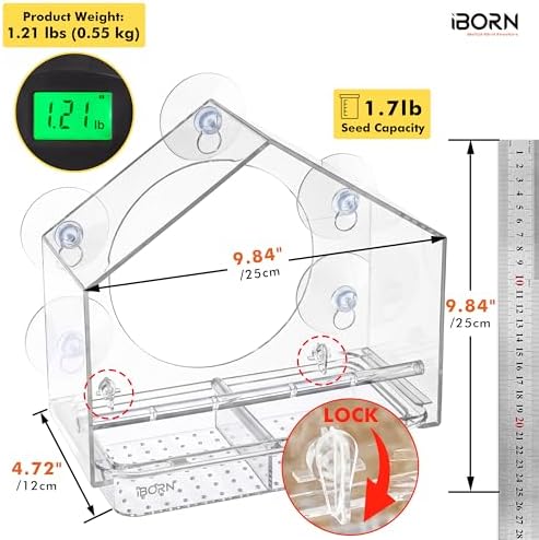 Window Bird Feeder, Wind-Proof Tray Lock, Chew-Resistant PC, Clear 1 PK