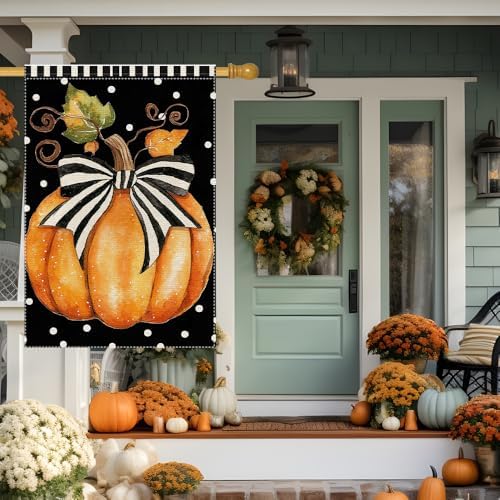 Fall Garden Flag Polka Dots Bowknot Pumpkin Garden Flags For Outside Burlap Decor, Thanksgiving 28X40 Inch Double Sided Vertical Autumn Decor Patio Lawn Yard Outdoor Decoration