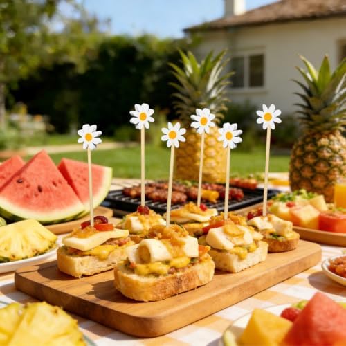 White Daisy Cocktail Picks,100pcs 4.7 Inch Long Food Toothpicks Bamboo Fruit Sticks for Sandwich, Appetizers, Mini Charcuterie Skewers for Summer, Wedding, Bridal Shower, Graduation, Birthday Party