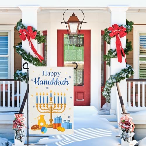 Happy Hanukkah Garden Flags Winter Menorah Small Flag for Outside 12 x 18 Inch Jewish Holiday Candles Outdoor Decor for Garden Lawn Yard Double Sided
