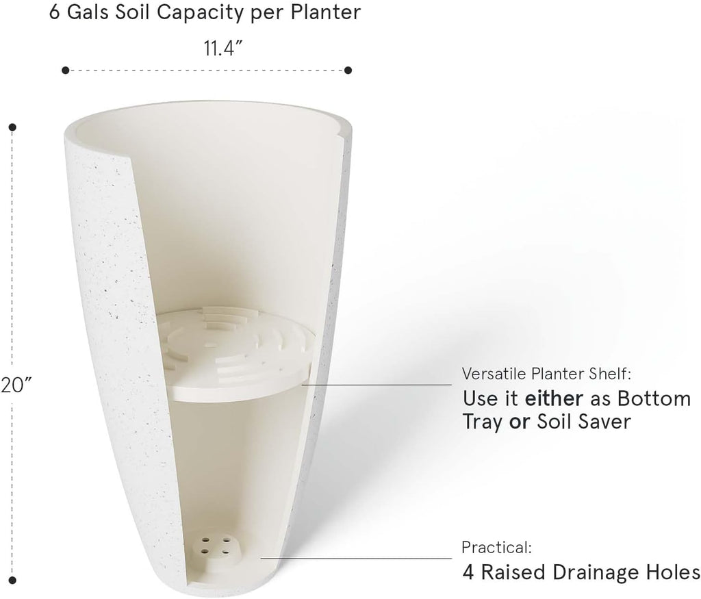 LA Jolie Muse 20 Inch Tall White Planters,Set of 2 Indoor/Outdoor Tall Planters with Shelf Insert and Trays,Modern