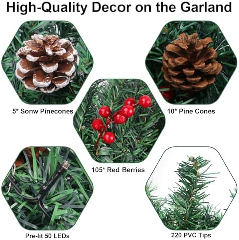 10Ft Christmas Garland with 50 LED Lights - 3 Pack Pre-lit Outdoor Xmas Garland with Timer - Pine Garland with Red Berries Snow Pine Cones - 10 Foot by 10 Inch