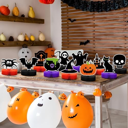 12 Pcs Halloween Honeycomb Centerpieces Halloween Party Table Decorations Black Cat Ghost Bat Pumpkin Witch Table Centerpiece Orange Black Spooky Theme Tables Topper for Halloweens Theme Party Decor
