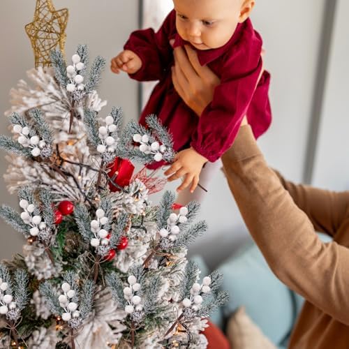 40 Pcs Artificial Christmas Floral Picks White Fake Berry Picks Stems Pine Branches with Pinecones Holly Leaves for Vase Floral Arrangement Wreath Winter Holiday Season Decor Crafts