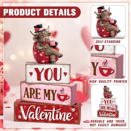 Yousoontic Valentine's Day Highlandcow Block Sign Rustic Tiered Tray Decor