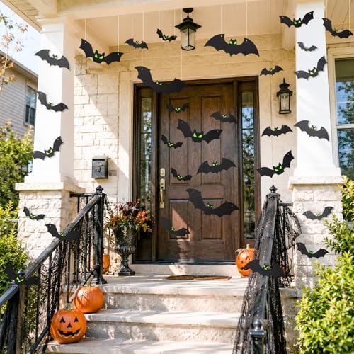 18PCS Bats Halloween Decoration with Glowing Eyes, Hang & Stick Flying Bat