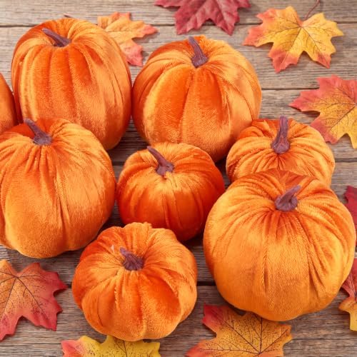 Gresorth 8 Pcs Fake Orange Velvet Pumpkins Artificial Pumpkin Decoration