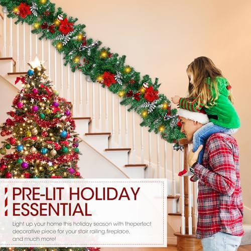 Christmas Garland with Lights, Pre-lit 9ft Christmas Decorations