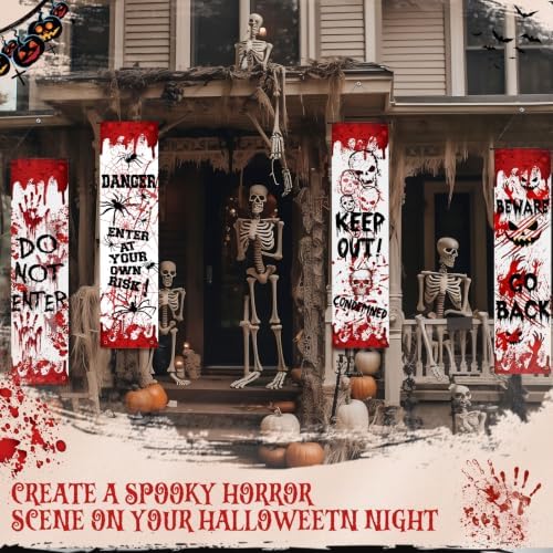 Mindsoft 4 Pcs Halloween Banners, Horror Warning Messages,Red Warning