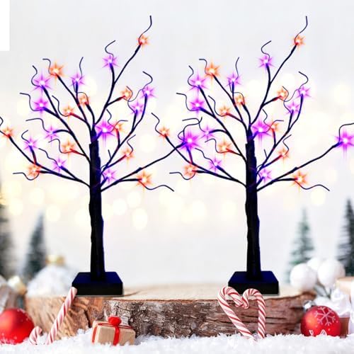 HipTree 2 Pack 2FT Lighted Black Birch Tree Halloween Tabletop Decor