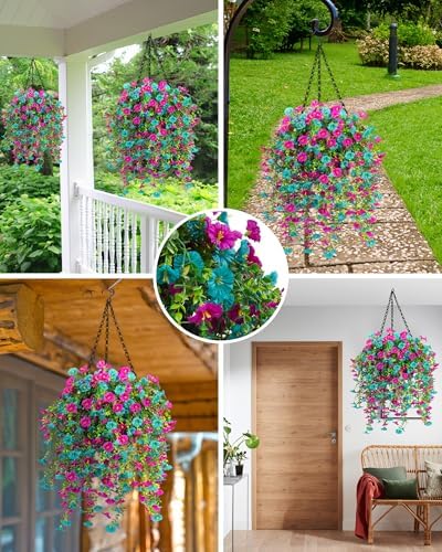 2 Pack Artificial Hanging Flowers Basket Set, Cascading Morning Glory