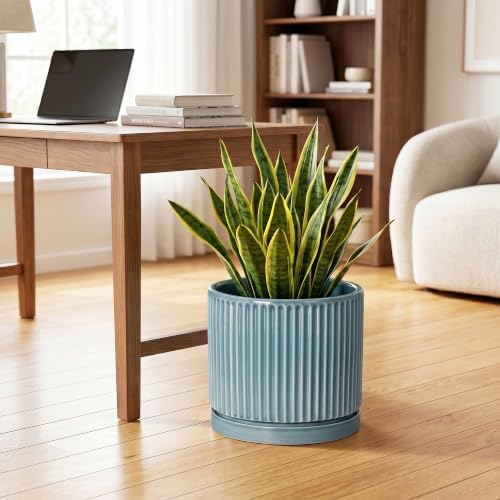 Ceramic Planter 10 Inch, Round Plant Pots with Saucer, Glaze Blue