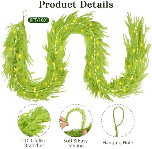 9FT Soft Touch Artificial Norfolk Pine Christmas Garland with Timer Lights