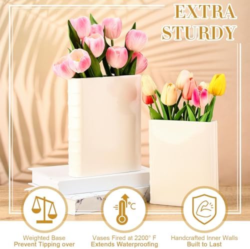 Vesici 2 Pcs Ceramic Book Shape Vase for Flowers Gifts for Bookshelf,White