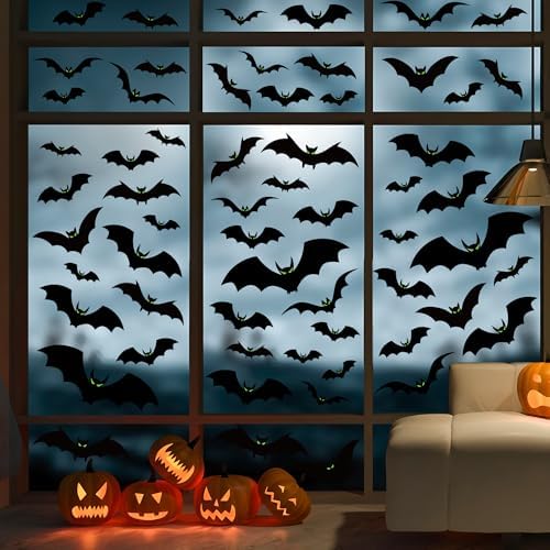 6 Sheets Halloween Window Clings Large Scary Bats Silhouette Window Decals Black Bats with Glow Eyes Windows Stickers Double Sided Windows Decoration for Home School Office Glass Halloween Party Decor