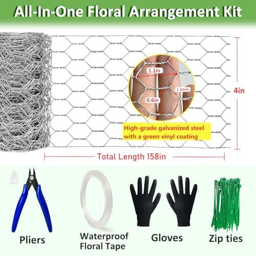 Floral Chicken Wire for Craft Kit, 4" x 158"Lightweight Chicken Wire for Floral Arrangement, Hexagonal Galvanized Chicken Wire Netting with Floral Tape, Plier,Tie,Gloves(Silver,4" x 158")