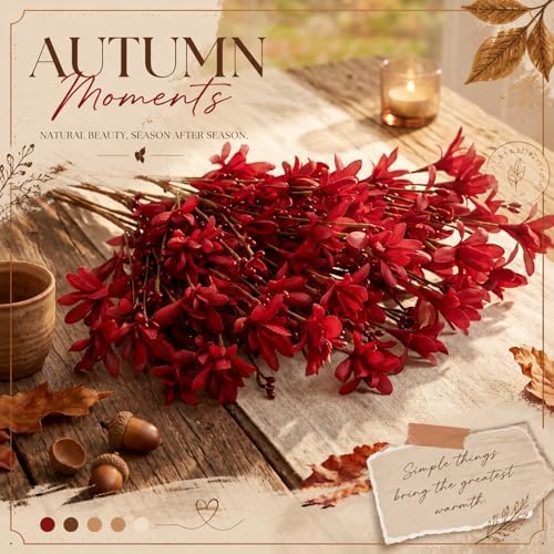 Yinder 12pcs Burgundy Fall Flowers 17inch Winter Jasmine Artificial Floral Picks Fake Flower Stems for Autumn Harvest Festival Thanksgiving Day Flower Arrangement Centerpieces