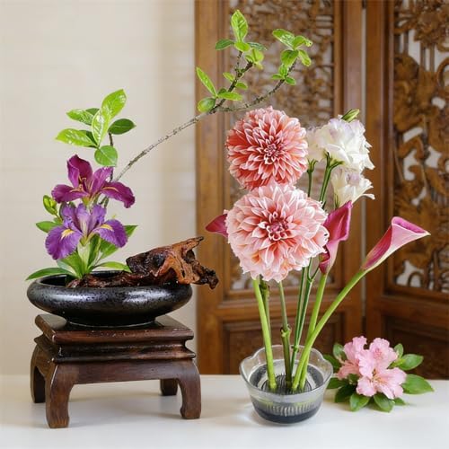 Ikebana Flower Arranging Kit with Ceramic Vase & Kenzan Flower Frog, Beginner Japanese Flower Arrangement Set for Fresh Flowers, Glazed Black Ikebana Bowl for Home Décor, Relaxation & Gift