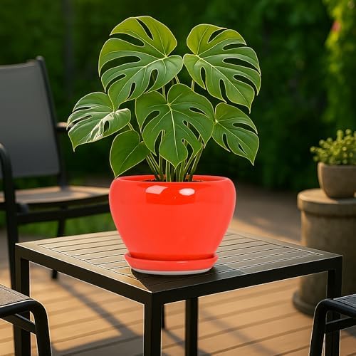 Deep Dream 8 Inch Plant Pots- Ceramic Pots for Plants with Drainage Hole and Saucer, Large Planter Pot for Indoor Plants Outdoor Decor, Red