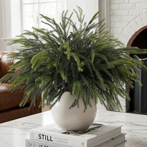 24PCS Christmas Norfolk Pine Stems Real Touch Branches Greenery Decorations