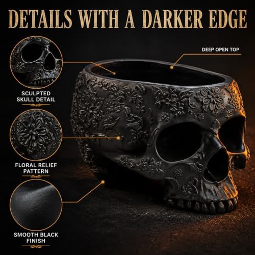 Halloween Skull Trick Or Treat Bowl Black Skeleton Planter Gothic Candy Pot
