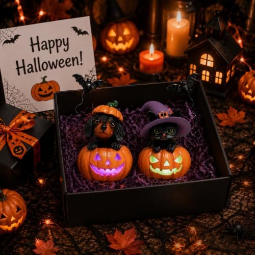 Hodao Halloween Pumpkin Decor with Cat & Dog, Lighted Jack O Lantern