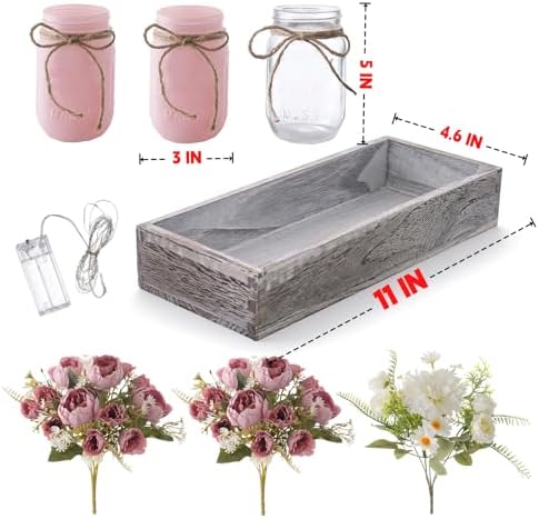 Artificial Spring Pink Rose Flowers in Mason Jars with Rustic Wood Tray