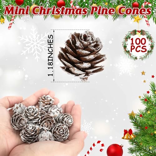 100 Pcs Snow Pine Cones, Mini Pinecones for Craft, Natural Cones Wreath, Christmas Bowl Stuff Winter Decorations Decor Accessories Party Suppliesfor Home Indoor Vase Filler