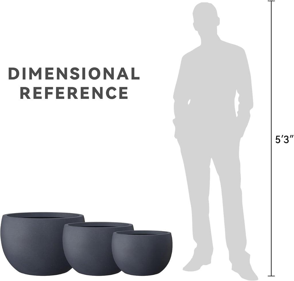 Kante Set of 3 Charcoal Concrete Bowl Planters 20" 15.7" 11.8" Dia | Drainage for Outdoor, Rubber Plug for Indoor Home