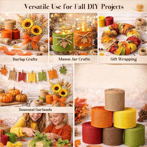 6 Rolls Fall Burlap Ribbon, 30 Yards, 2.5 in Wired Edge, 6 Colors