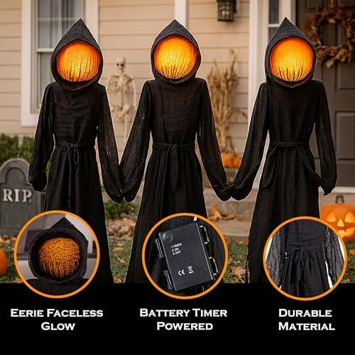 Evergreen Set of 3 LED Black Halloween Grim Reaper Stakes | 4 Feet Tall | Weatherproof Battery Operated | Spooky Garden Statue Outdoor Decoration Grass Lawn or Patio