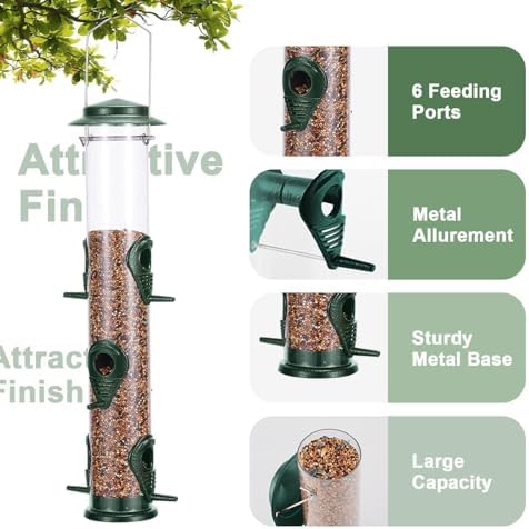 MIXXIDEA 1PK Metal Bird Feeders with 6 Feeding Ports,Tube Bird Feeder with Steel Hanger,Hard Plastic Wild Bird Feeder for Outdoors Hanging, Attracting Birds in Your Lawn, Garden, Balcony–Green