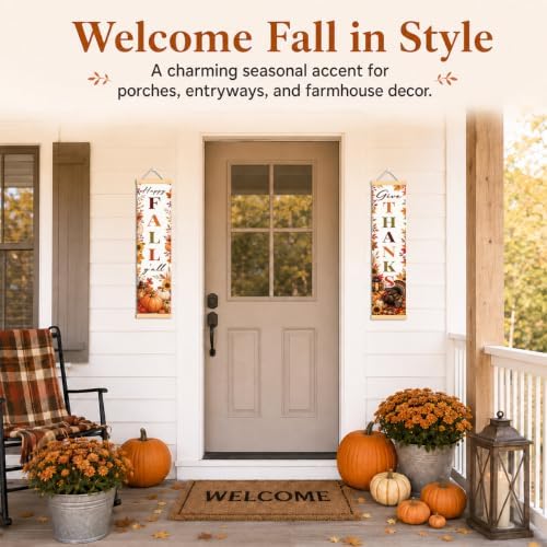 Happy Fall Door Banner Set of 2, Give Thanks Turkey Porch Decor for Home