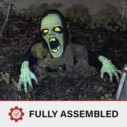 Haunted Hill Farm 21-in. Touch-Activated Zombie Groundbreaker Halloween Animatronic with Flashing LED Lights and Sound Effects for Indoor or Covered Outdoor Battery Operated Halloween Decorations