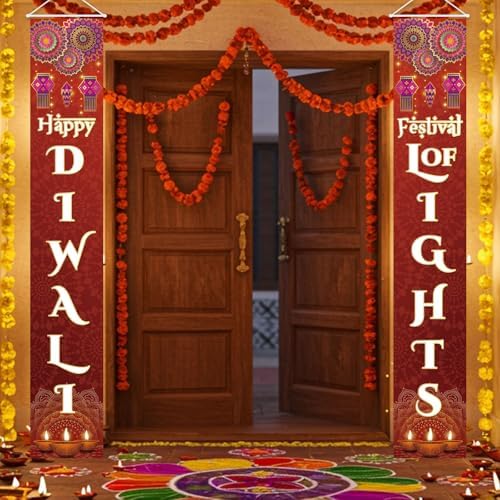 Diwali Porch Banner Sign Happy Diwali Door Decorations Indian Festival of Lights Hanging Banner for Indoor Outdoor, 12 X 71 Inch