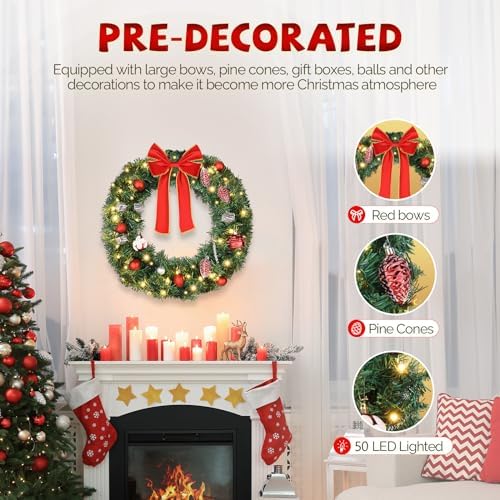 VINGLI 24 Inch Christmas Wreath Prelit Front Door Battery LED Decor Green