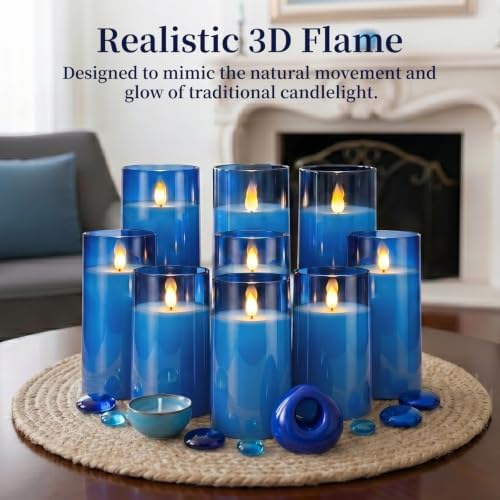 Homemory Blue Flameless LED Pillar Candles with Remote Timer, Set of 9