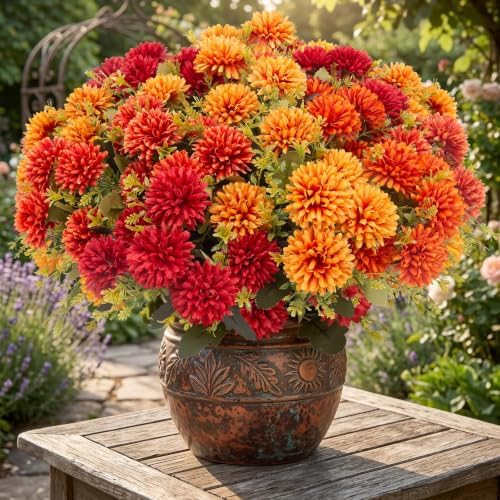 lovemoon 12 Pcs Artificial Mums for Outdoors, Fake Fall Flowers for Autumn