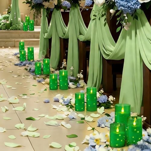 Homemory Flickering Flameless Candles, Green LED Pillar Candles with Remote