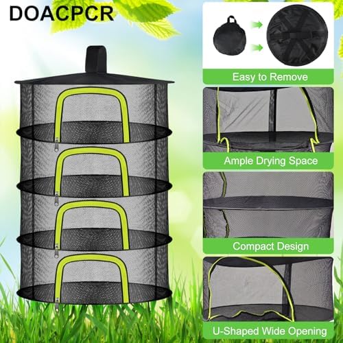 Doacpr 4-Layer Hanging Herb Drying Rack, Foldable Mesh Net with Zipper