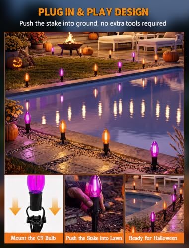 Halloween Pathway Lights 19.5FT, 10 C9 LED Purple & Orange Bulbs Plug In