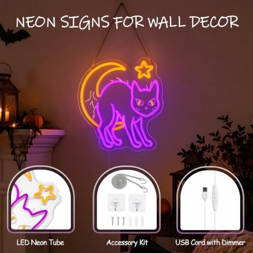Mystic Cat & Moon Halloween Neon Sign, Dimmable Neon Signs for Wall Decor