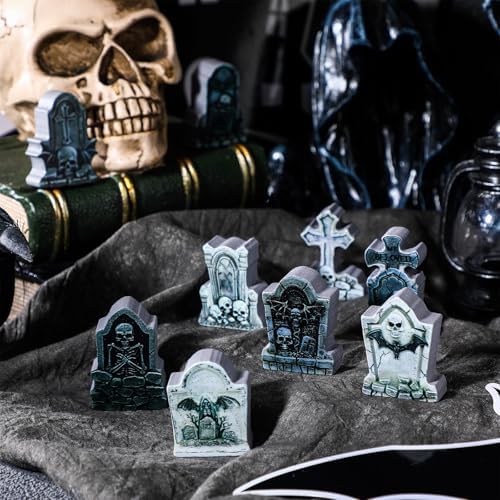 Kathfly 9 Pcs Halloween Tombstones Figurine Mini Village Tombstone, Spooky