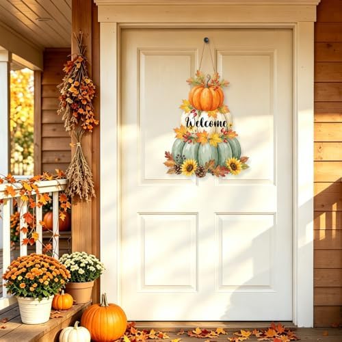 Fall Welcome Wreath Sign Wooden Pumpkins Maple leaves for Front Door