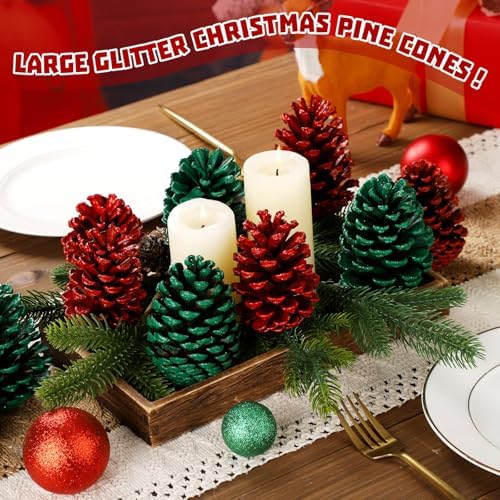 Janinka 24 Pcs 4 Inch Green Red Christmas Glitter Pine Cones Ornaments
